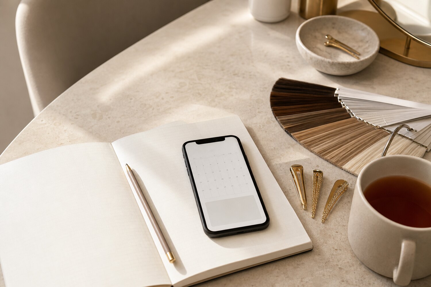 Editorial consultation still life supporting RiverSide Hair bridal planning